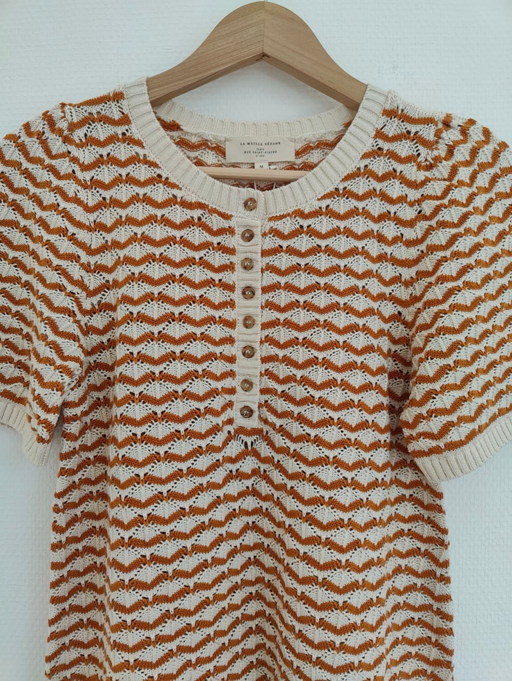 Top en maille ajourée camel et écru Sézane – Taille M — photo 3