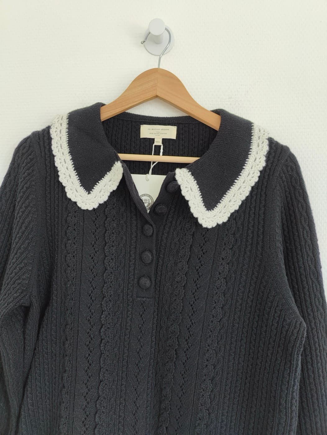 Pull Sézane noir à col Claudine crochet écru – Taille XXL — photo 3