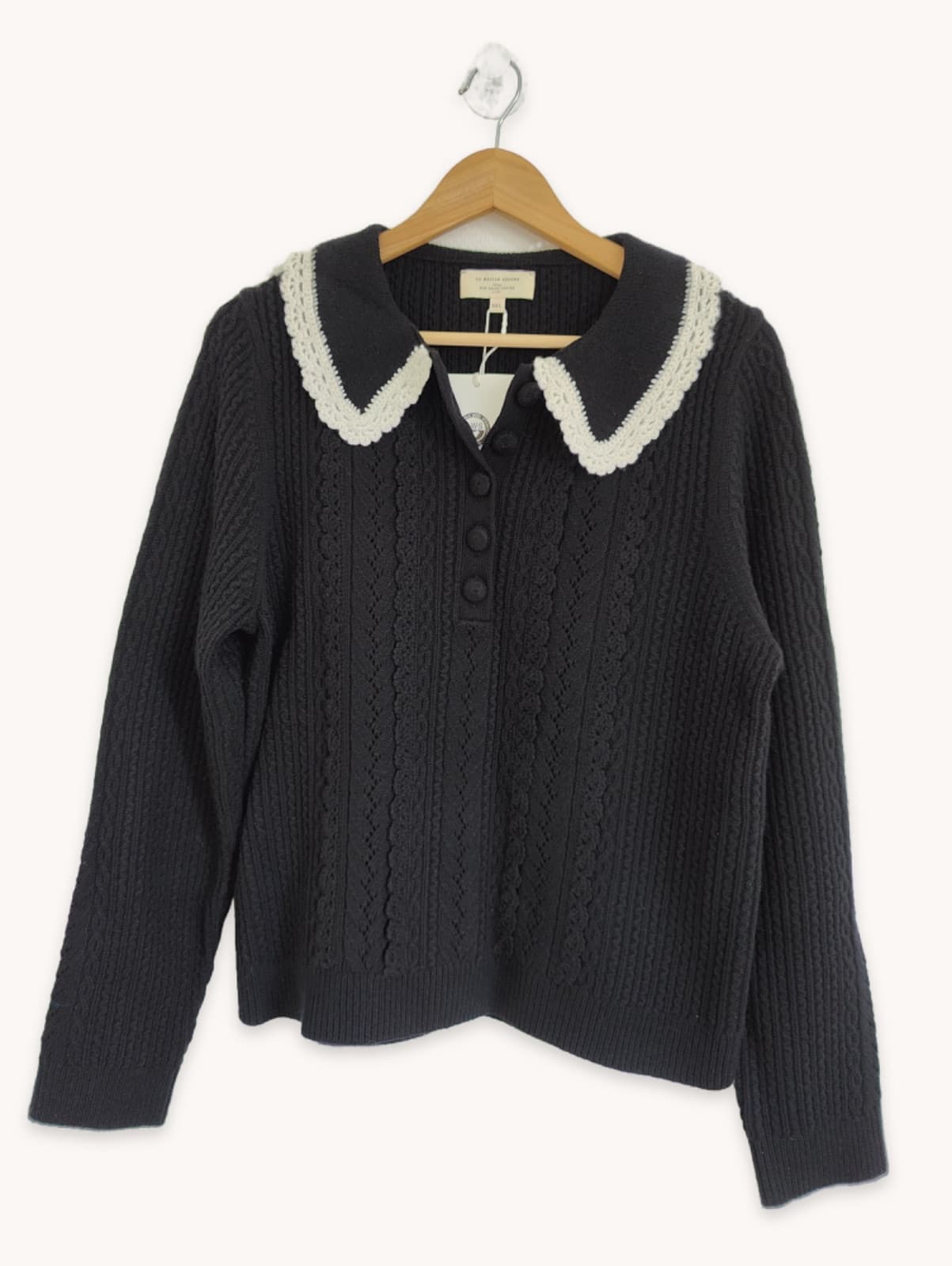 Pull Sézane noir à col Claudine crochet écru – Taille XXL — photo 2