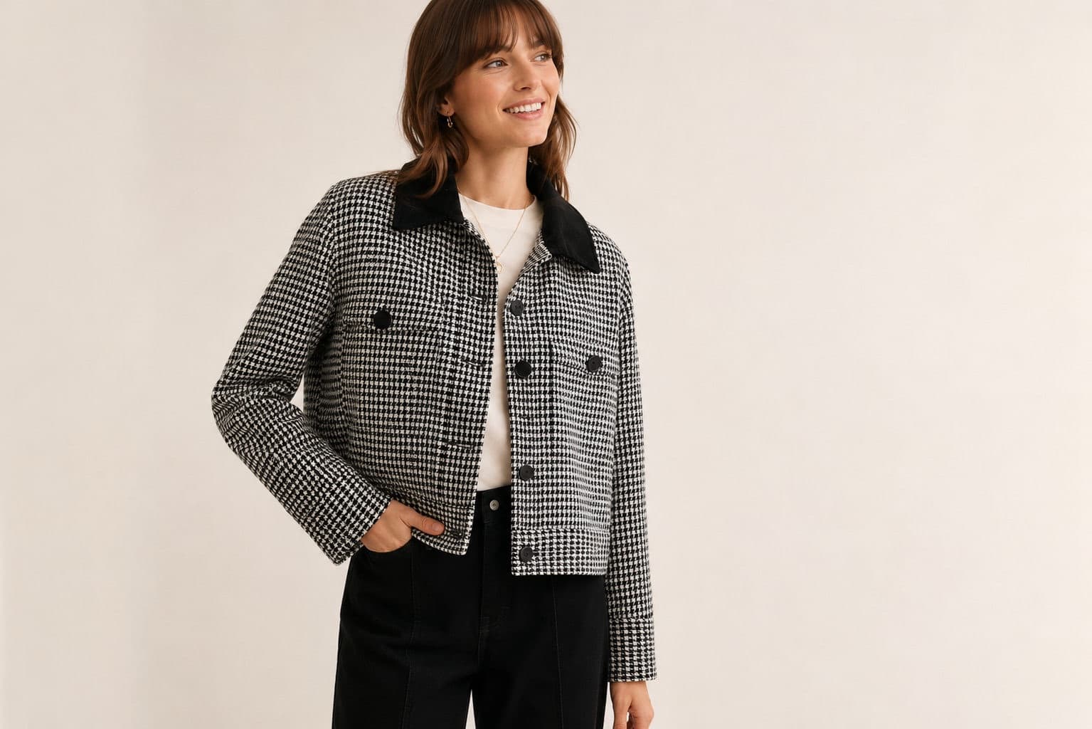 Veste Sézane pied-de-poule noire et écrue — Taille XL