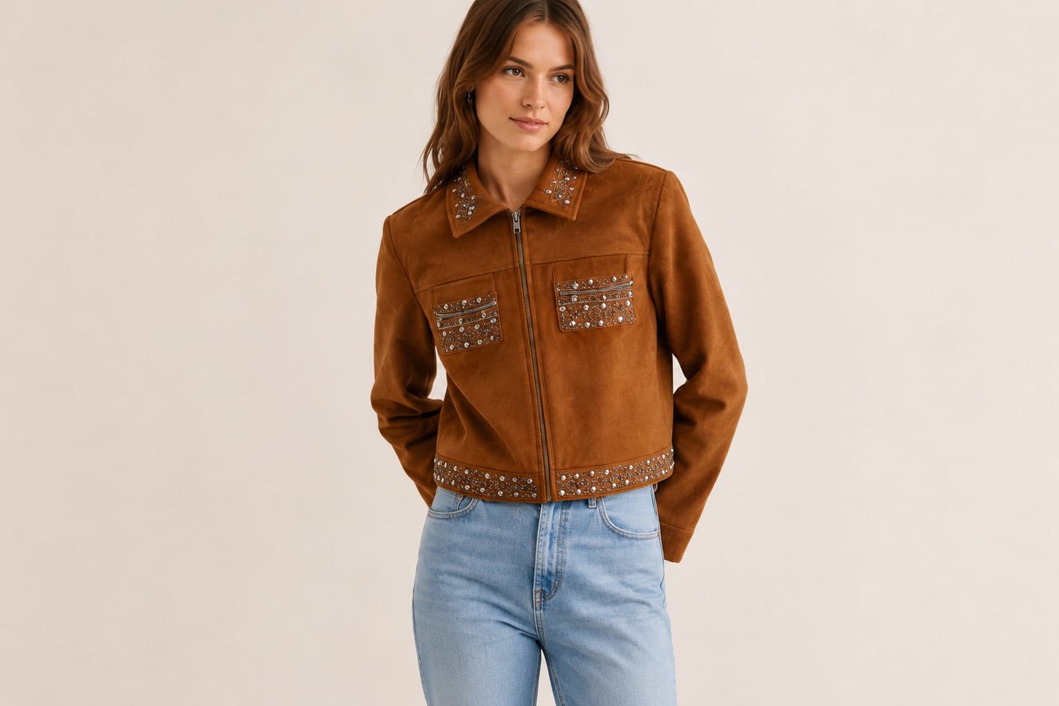 Veste Zara camel effet suédine ornée de perles – Taille S