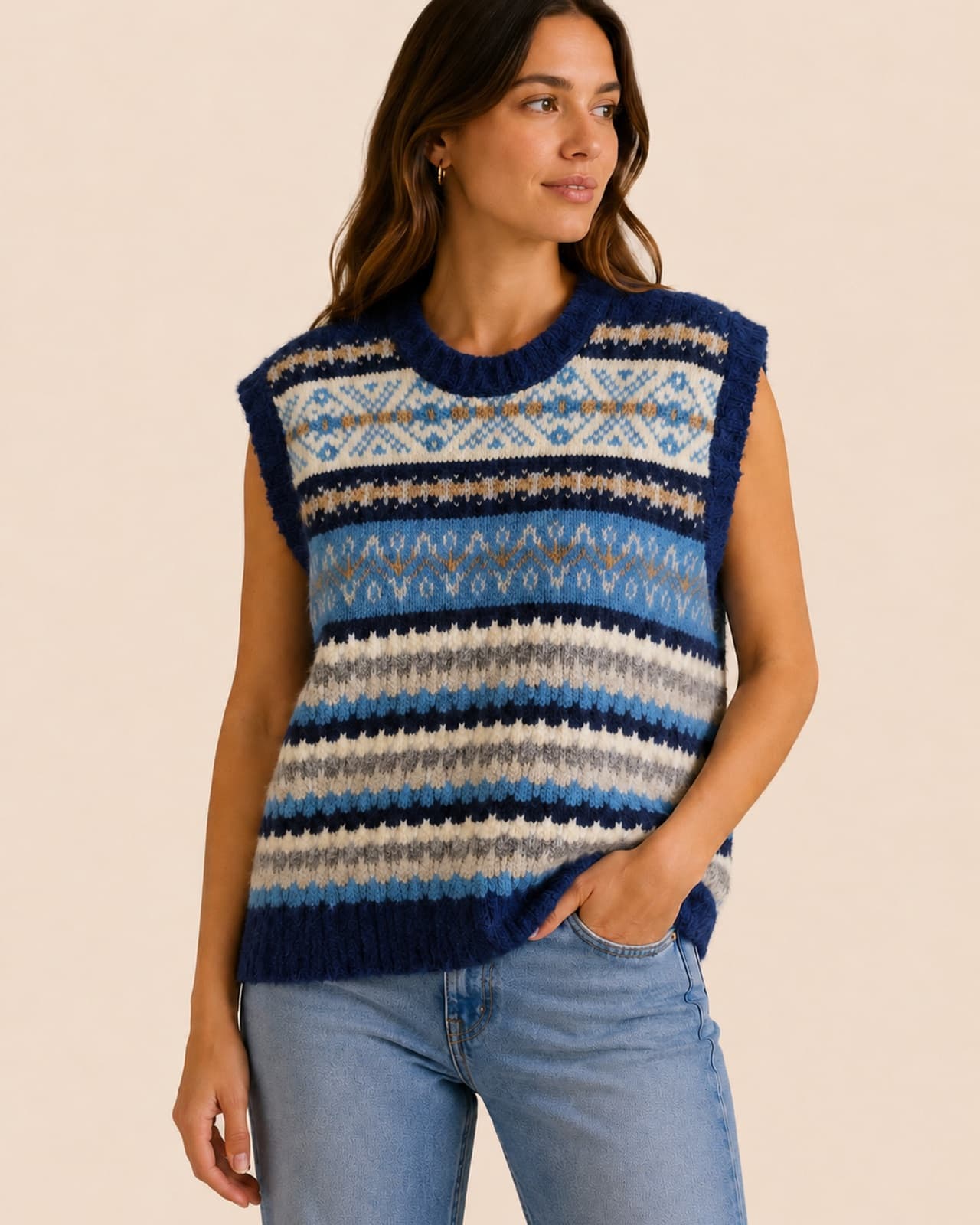 Pull sans manches Benetton maille jacquard bleu – Taille M
