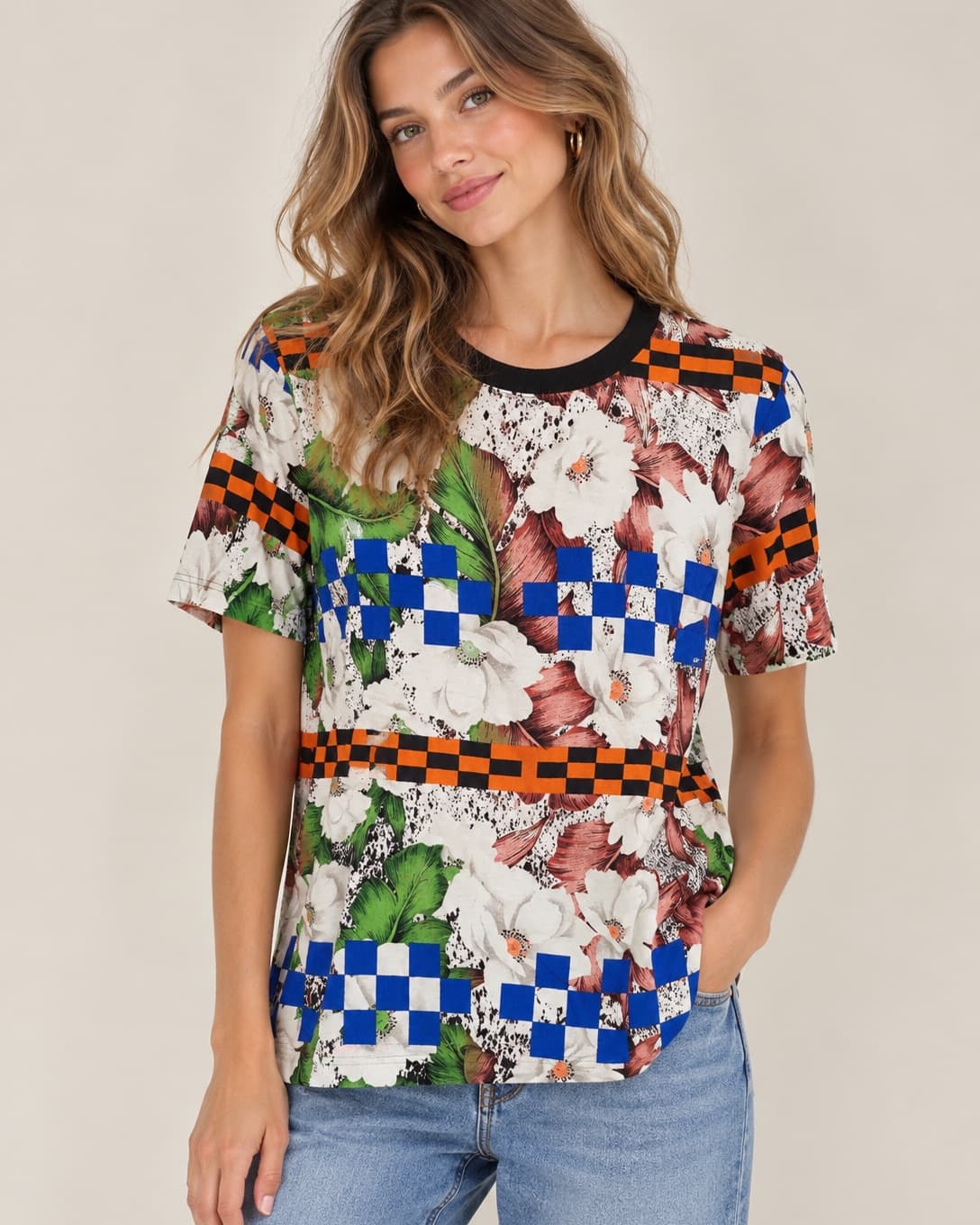 Top Topshop à imprimé floral et damier – Taille 34