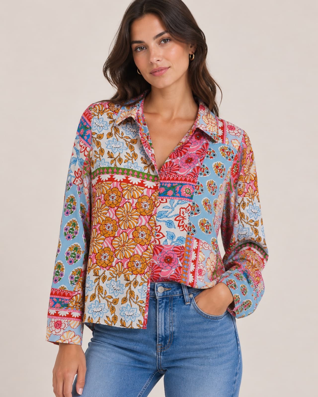 Chemise Zara à imprimé patchwork floral – Taille S