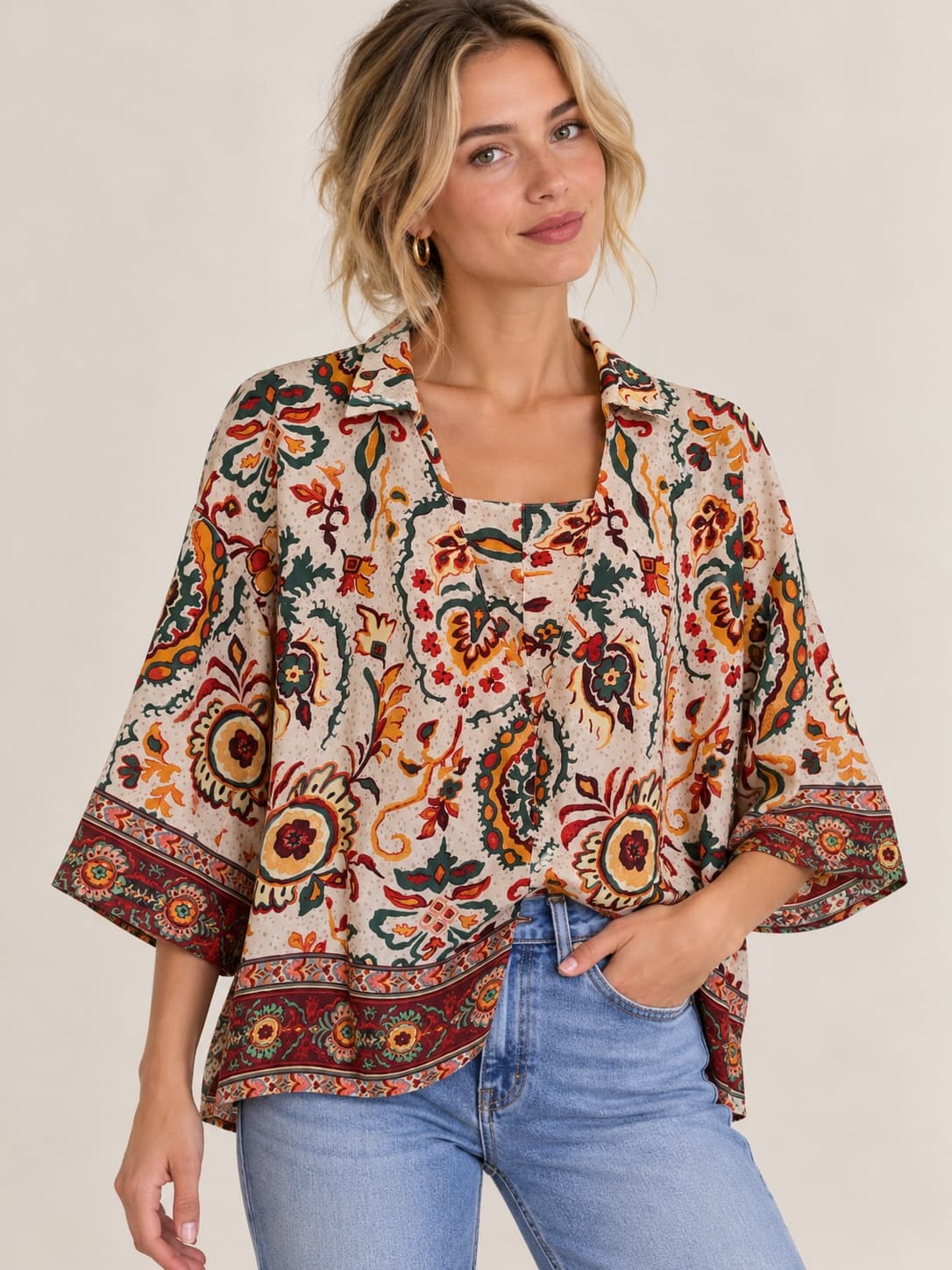 Blouse imprimée bohème à manches – Taille 42