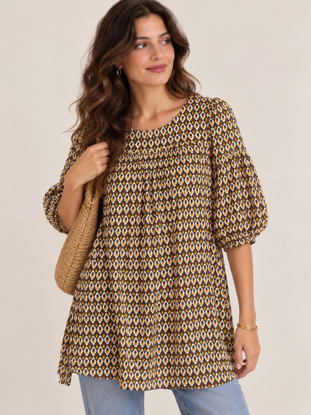 Tunique à imprimé géométrique brun et moutarde – Taille 1