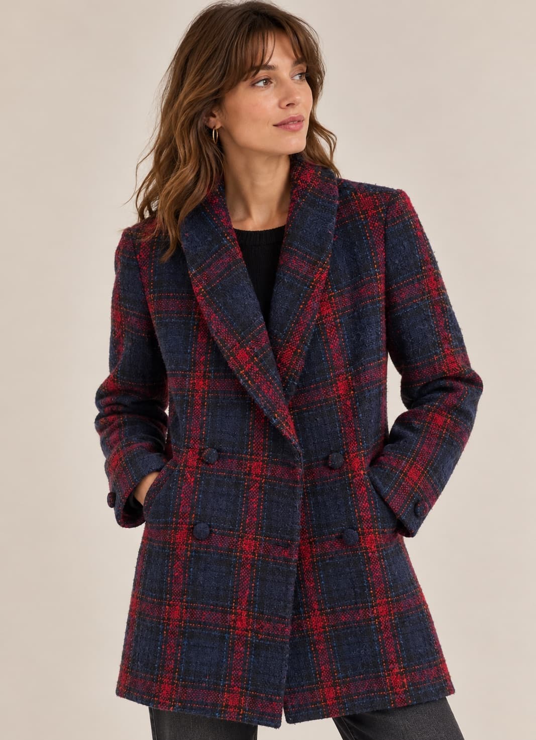 Manteau Naf Naf à carreaux bleu marine et rouge – Taille 36