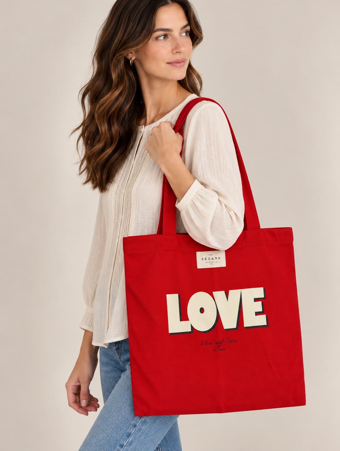 Sac cabas Sézane rouge à inscription LOVE