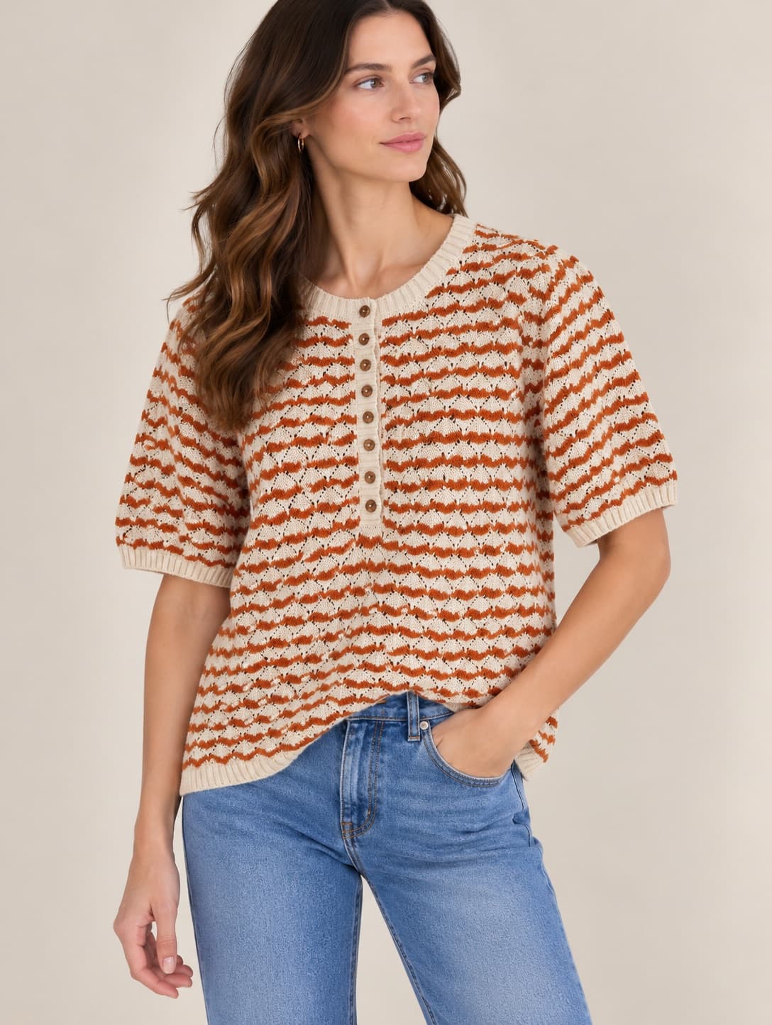 Top en maille ajourée camel et écru Sézane – Taille M