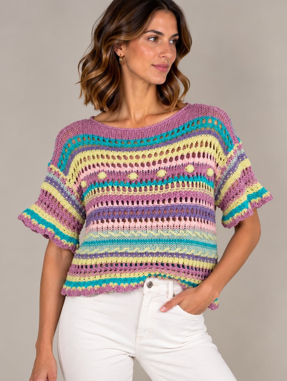 Top Benetton en maille ajourée pastel – Taille L