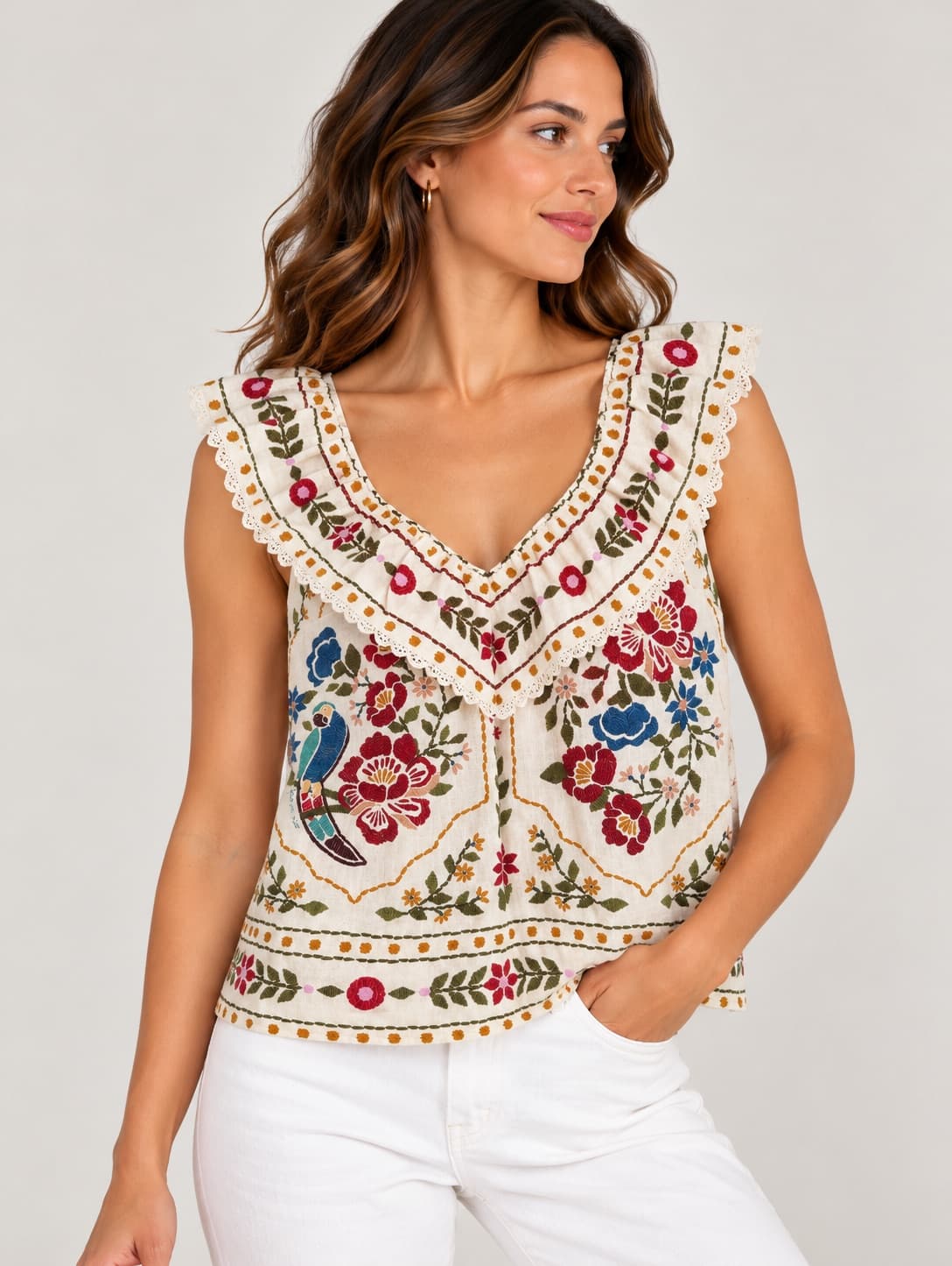 Top Sézane x Farm rio en lin à broderie florale – Taille 40