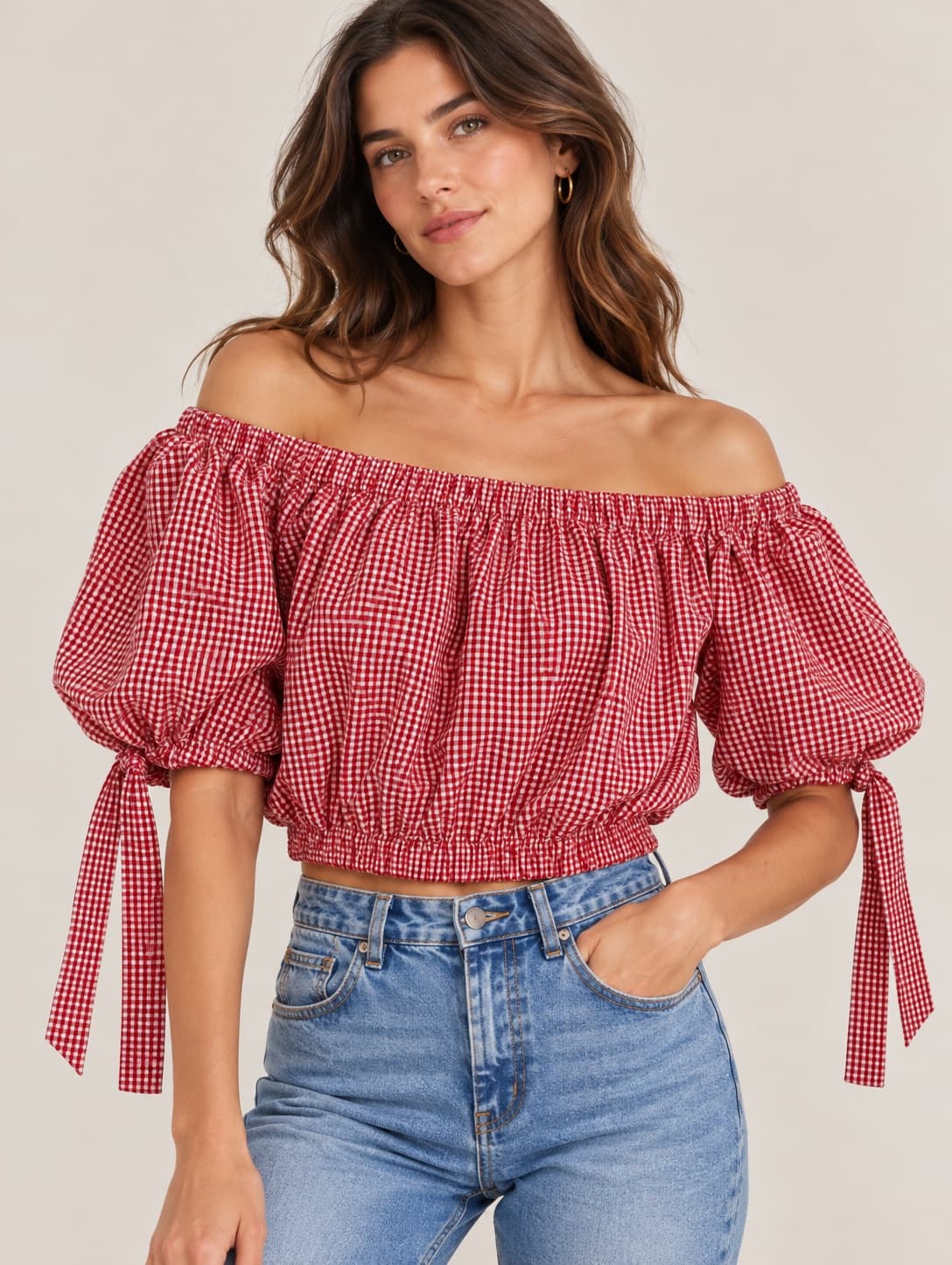 Top Zara vichy rouge à encolure bardot – Taille M