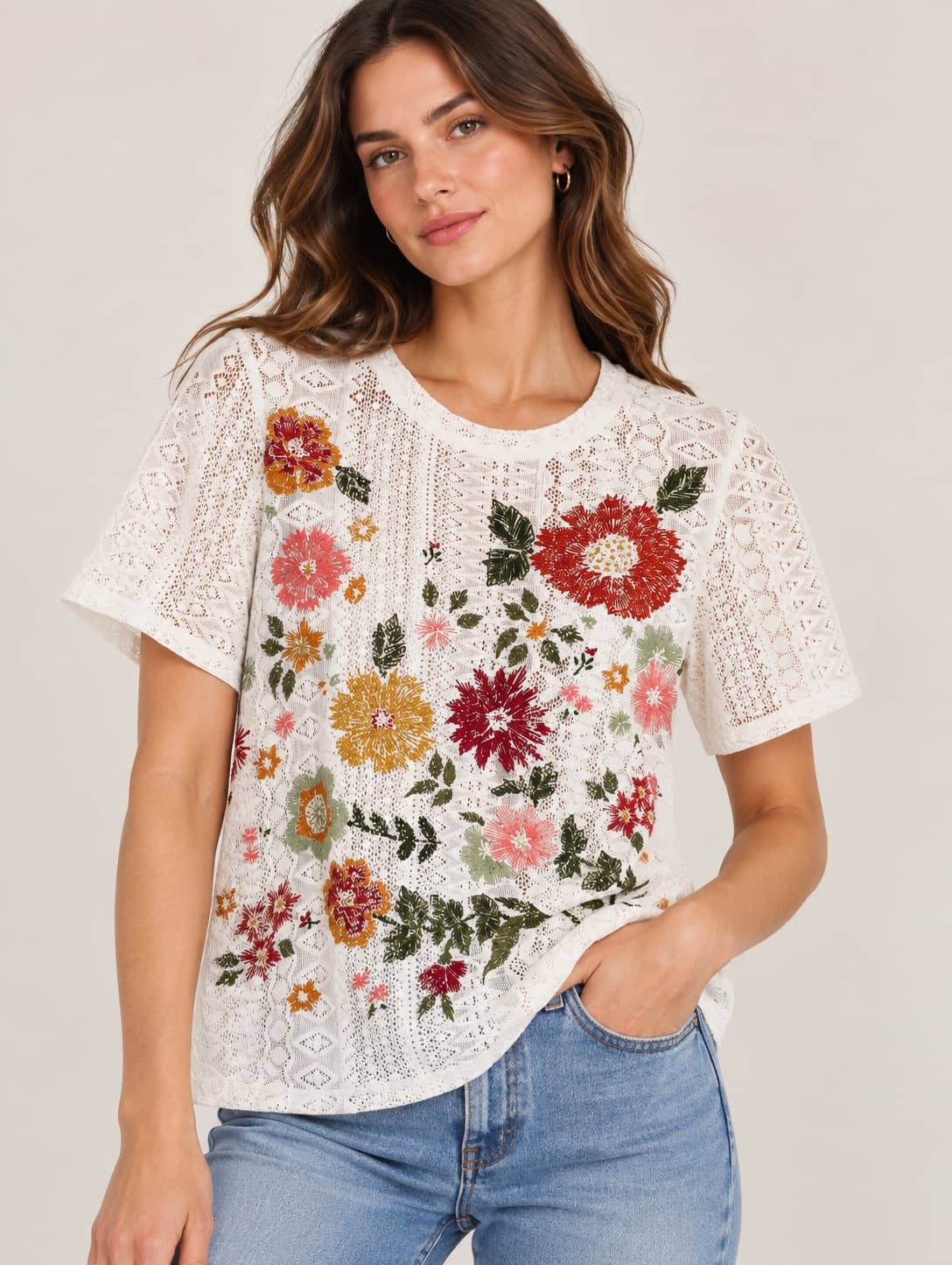T-shirt en dentelle brodé fleurs Zara – Taille M