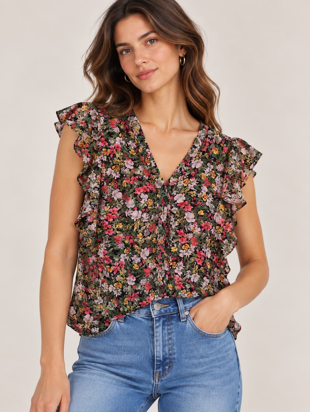 Blouse fleurie noire à volants et col V  Zara – Taille S