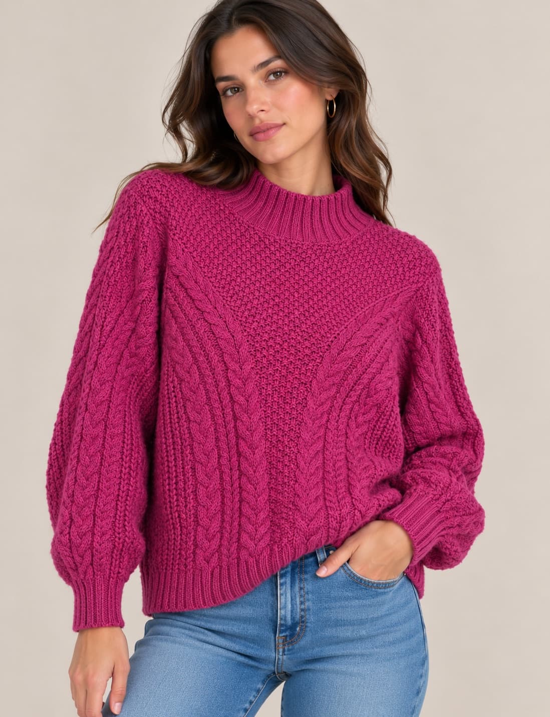 Pull Mango rose fuchsia en maille torsadée – Taille XL